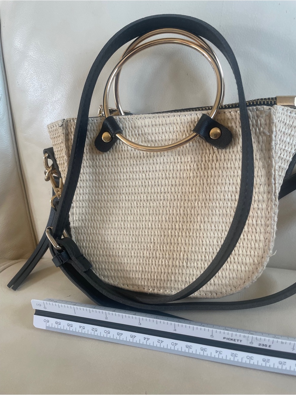 Woven Straw Crossbody Bag with Gold Ring Handles - Black & Cream